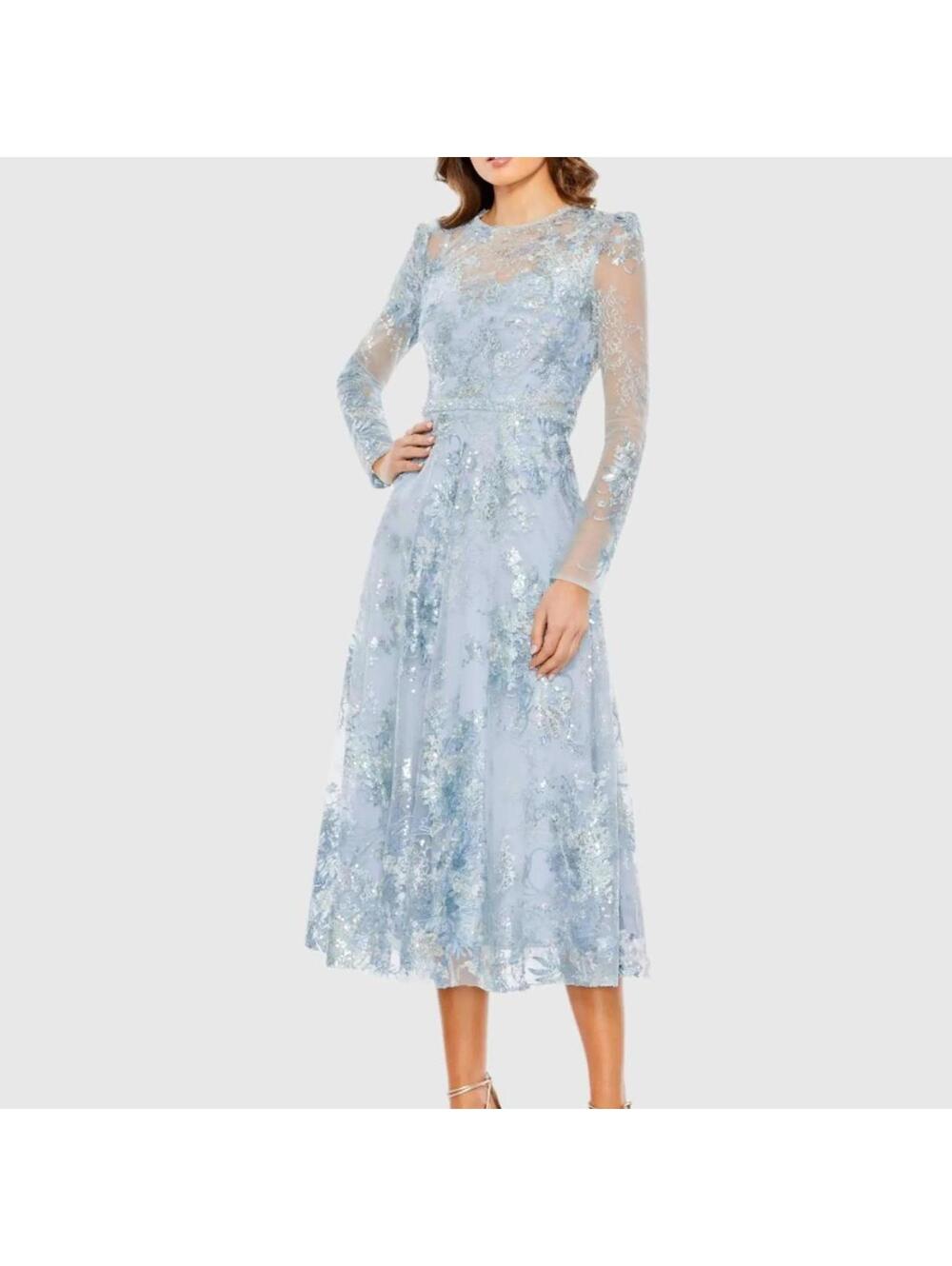 Mac Duggal Blue Embellished Illusion Long Sleeve Midi Dress